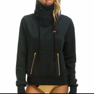 Aviator Nation Black Pullover Hoodie with Gold Zippers
